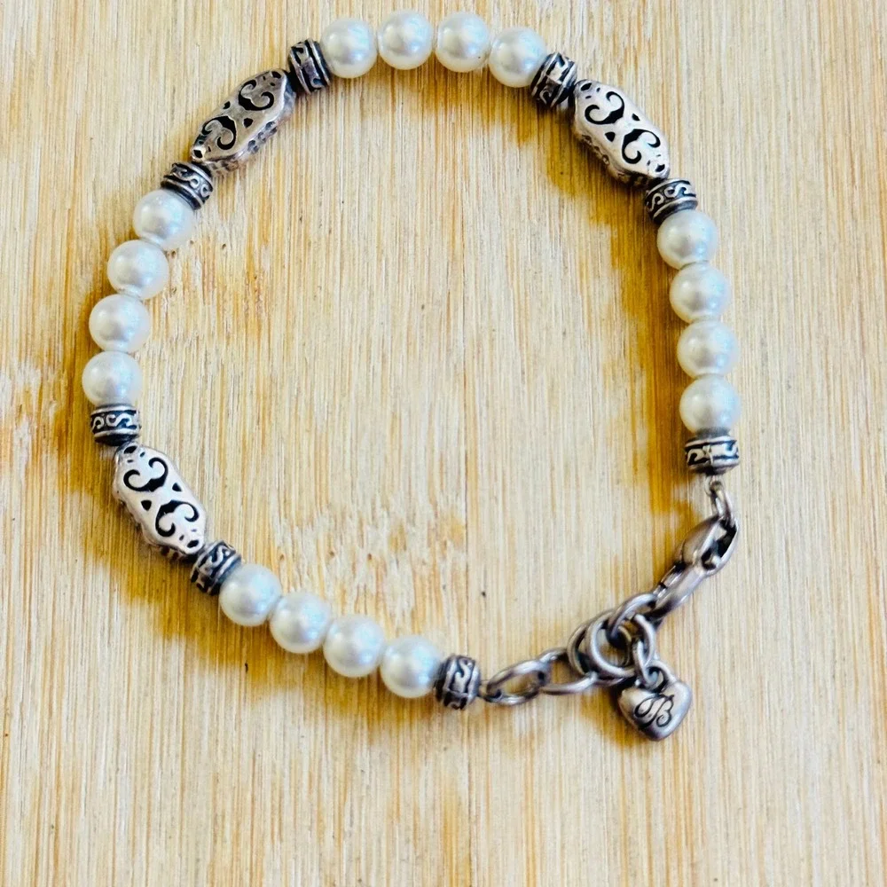Brighton Vintage Scroll Freshwater Pearl Bracelet Silver Plated Beaded‎ 7